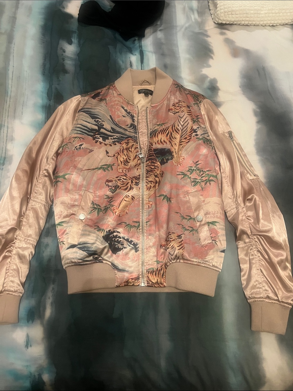 Topshop Tiger Print Satin Bomber Jacket Pink Japanese Style